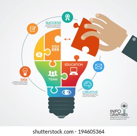 Creative vector template with a light bulb, puzzles, human hand and icons. Concept business ideas.