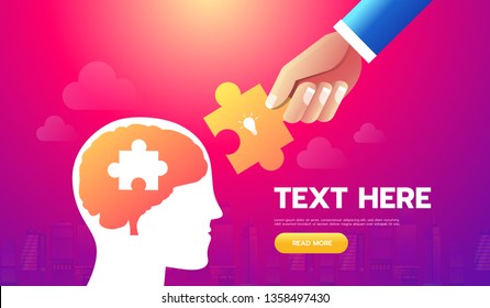 Creative vector template with puzzles, child head, human hand and icons. Concept education ideas.