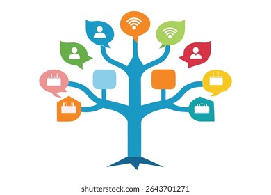 Creative vector of a tree with microphones as branches, speech bubbles in many languages as leaves, and ballot box roots. Watercolor texture symbolizes freedom, unity, and global democratic expression