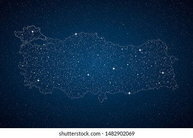 Creative vector Turkey country map creative stars isolated on background. Flat state template for travel, trip, pattern, backdrop, celebration poster. National beautiful sign night sky concept.