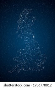 Creative Vector United Kingdom Country Map Creative Stars Isolated On Background. UK, England, Great Britain Template For Pattern, Backdrop, Celebration Poster. Modern Beautiful Sign Night Sky Concept