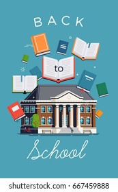 Creative vector vertical banner template on School year beginning or 'Back to School' concept with abstract books around the school building and sample title
