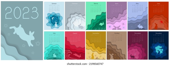 Creative vector vertical calendar 2023 in paper cut style. Week starts in Sunday. Set of 12 pages and cover with symbol of the year rabbit.