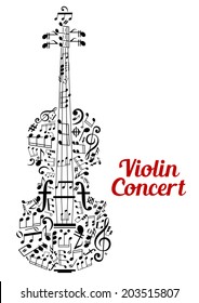 Diseño de afiches del Concierto de Violín creativo con forma de violín compuesto por notas musicales y arcos en un patrón disperso al azar en una nube de texto y el texto - Concierto de violín - junto con