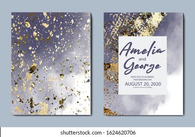 Creative vector Wedding card invitation. Beautiful gray-blue watercolor Greeting card. Gold splashes, shiny foil.