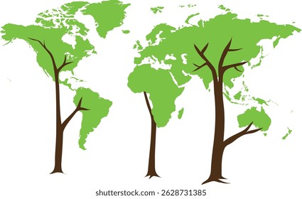 Creative vector of world map forming tree shapes, symbolizing environment, nature, and sustainability. Perfect for ecological, green earth, and global conservation concepts. World Map as Trees