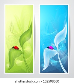 Creative vectors banners with ladybird on leaf on green or blue abstract background