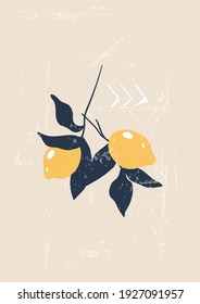 Creative vegan, vegetarian poster. Hand drawn minimalist illustration for interior design, social media, covers, brochures, menu, grocery store. Vertical background with lemons.