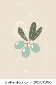 Creative vegan, vegetarian poster. Hand drawn minimalist illustration for interior design, social media, covers, brochures, menu, grocery store. Vertical background with olives.