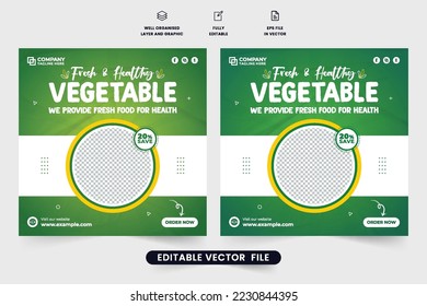 Creative vegetable business template design with geometric shapes. Organic food menu discount web banner for social media posts. Healthy vegetable promotional poster with green and yellow colors.