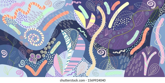 Creative versatile and bright floral background. Artistic header with flowers and leaves. Graphic design. Hand drawn texture. Perfect for website, card, poster, cover, invitation, brochure. Vector.