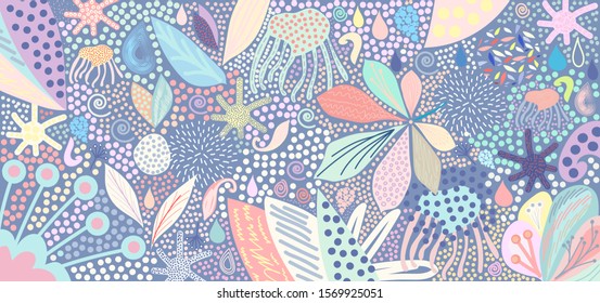 Creative versatile and bright floral background. Artistic header with flowers and leaves. Graphic design. Hand drawn texture. Perfect for website, card, poster, cover, invitation, brochure. Vector.