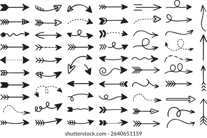 A creative and versatile collection of hand-drawn black arrow designs in silhouette style.