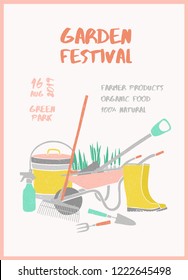 Creative vertical flyer or poster template with gardening tools and place for text for garden festival, farmer market, agricultural fair. Colorful vector illustration for event promo, advertisement.