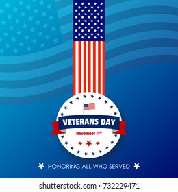 Creative veterans day illustration with usa flag. Celebrating american war veterans. Can be used for banner, background, badge, greetings and wallpaper.