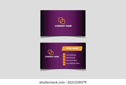 Template de carte de visite créative et vibrante avec un thème moderne violet et jaune. Comprend des sections personnalisables pour le nom, les coordonnées, le logo de la société et le site web.