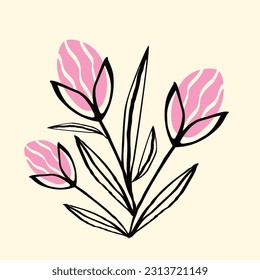 Creative vibrant card with pink Tulips in soft gentle juicy colors.. Hand drawn illustration