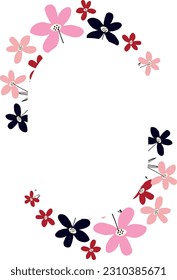 Creative vibrant floral oval frame, bright frame with wildflowers in juicy colors.