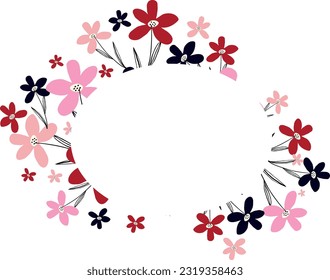 Creative vibrant floral oval frame, bright frame with wildflowers in juicy colors.