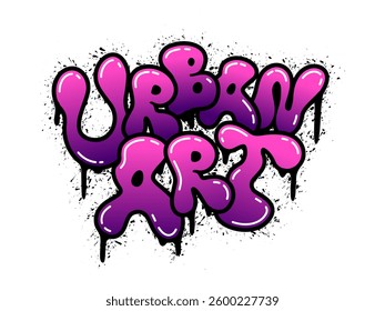 Creative and vibrant graffiti style lettering showcasing smooth purple gradient with drips and splashes in urban street art expression.