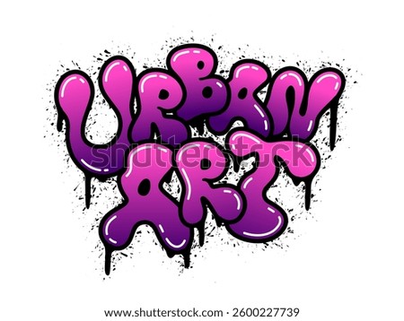 Creative and vibrant graffiti style lettering showcasing smooth purple gradient with drips and splashes in urban street art expression.