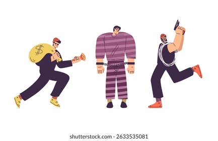 Creative and Vibrant Illustration Featuring Diverse Characters Thief, a Prisoner, and a Muscle Man