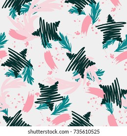 Creative Vibrant Modern Seamless Pattern with Stars and Brush Stokes 