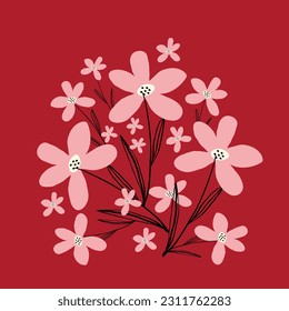Creative vibrant quirky pink flowers, bright card with wildflowers in juicy colors. Hand drawn illustration
