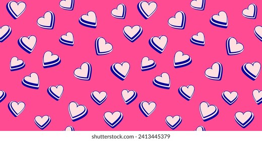 Creative vibrant seamless pattern with cute 3d hearts. Colorful Valentine, love, wedding  pink background. Vector hand drawn silhouettes shape heart. Design for textile, fashion, surface 