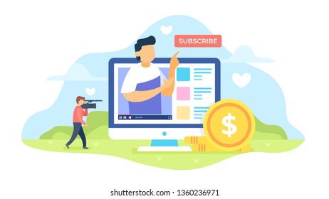 Creative video Blogger pointing subscribe button, vector concept illustration for banner, advertising, landing page, wallpaper, background, isolated