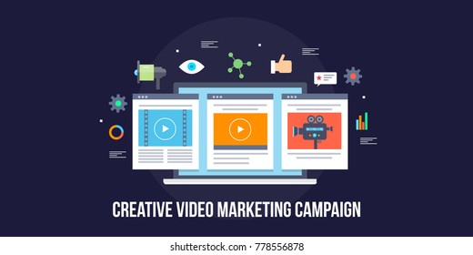 Creative Video, Video marketing campaign, Video content, Media marketing flat vector illustration with icons