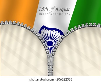 Creative view of waving Indian national flag from half open zipper bag, creative concept for Indian Independence Day celebrations. 