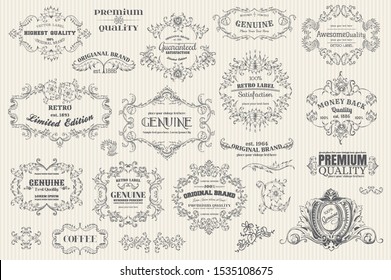 Creative vintage elements set vector illustration. Labels and badges, retro ribbons, luxury ornate logo symbols, calligraphic swirls, flourishes ornament vignettes and other