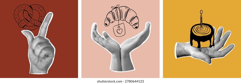 Creative vintage halftone hand collage set with bakery items. Hand holding pretzel, croissant and chocolate cake with candle 