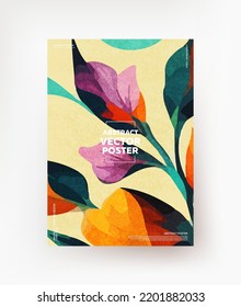 Afiche retro creativo y vintage con plantas tropicales. Vector.
