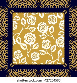 Creative vintage scarf with art deco motifs. Golden vintage roses seamless pattern, zebra frame. Bohemian textile collection.