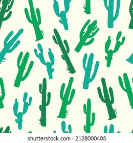 Creative vintage seamless pattern with green spiny cactuses on white background, vector illustration