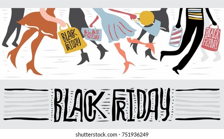 creative, vintage style black Friday vector poster with calligraphy text, running women and men with shopping bags. great poster for black Friday sale, shopping center, shopping mall, boutique and etc