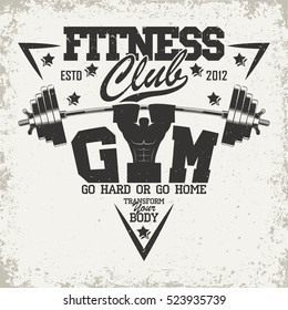 Creative vintage t-shirt graphic design,  grange print stamp, fitness typography emblem,  gym sports logo, Vector