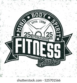 Creative vintage t-shirt graphic design,  grange print stamp, fitness typography emblem,  gym sports logo, Vector