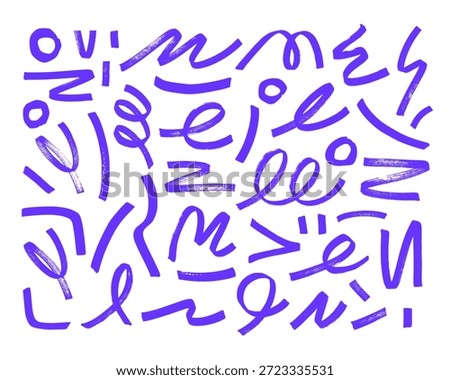 Creative violet purple hand drawn brush strokes, scribbles and wavy lines collection, minimal graphic elements. Abstract vector marker strokes and spiral pattern on white background.