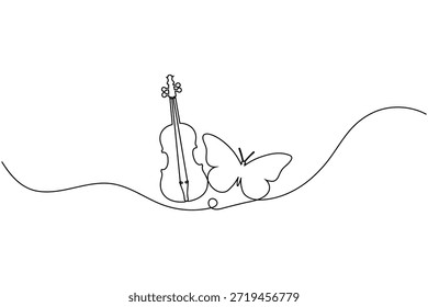 Diseño de Vector de Naturaleza musical de arte de línea continua de violín y mariposa creativa