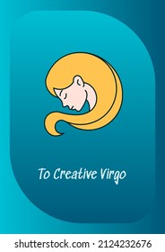 To creative virgo greeting card with color icon element. Zodiac sign. Postcard vector design. Decorative flyer with creative illustration. Notecard with congratulatory message on blue