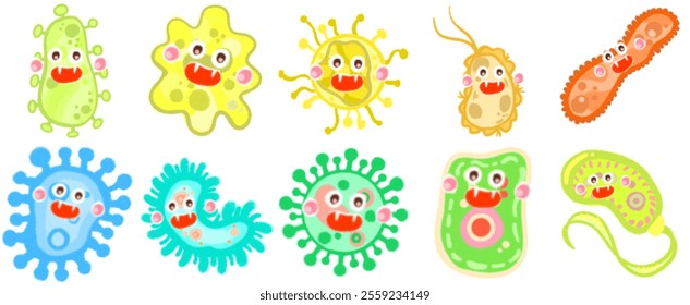 Creative Virus and Bacteria Cartoon Illustrations: Visual Elements for Science Communication, Medicine, and Academic Studies