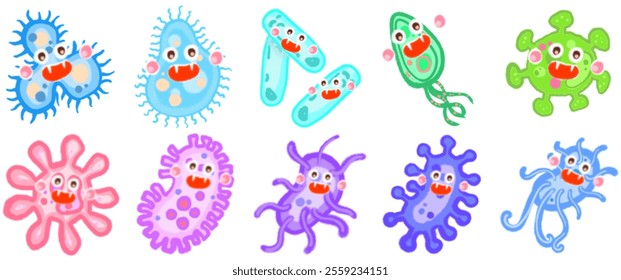 Creative Virus and Bacteria Cartoon Illustrations: Visual Elements for Science Communication, Medicine, and Academic Studies