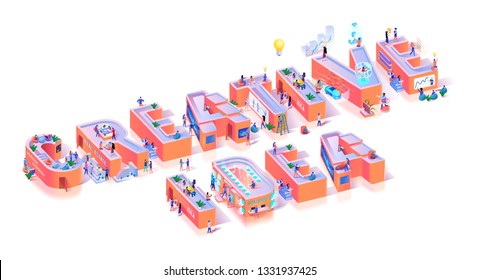 Creative Vision Innovation Idea Typography Banner. Abstract Thinking Life Alphabet Abstract Collage. Marketing Horizontal Composition for Advertising Motivation Isometric 3d Vector Illustration Creative Vision Innovation Idea Typography Banner. Abstract Thinking Life Alphabet Abstract Collage. Marketing Horizontal Composition for Advertising Motivation Isometric 3d Vector Illustration
