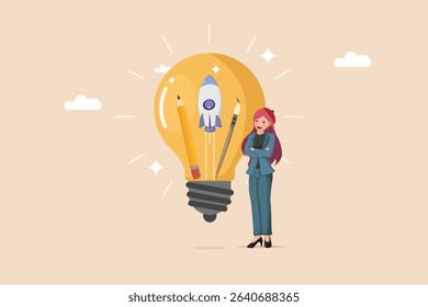 Creative Vision and Launch: Woman with Idea Light Bulb Featuring a Rocket, Pencil, and Brush, Symbolizing Innovation and Project Start.