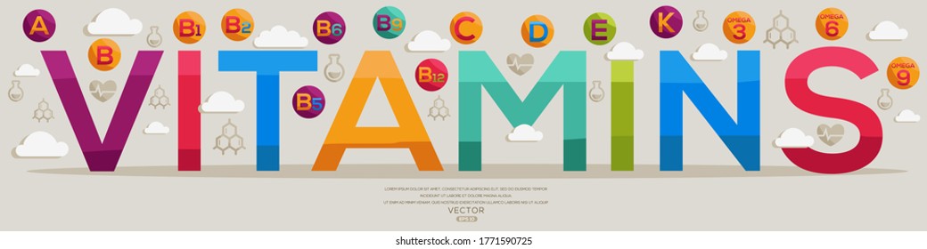 Diseño de texto creativo (vitaminas), letras e iconos vitamínicos,Ilustración vectorial.