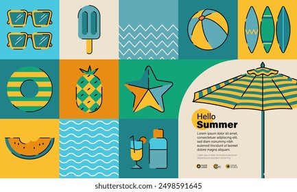 Creative vivid summer background with beach accessories and space for text, vector design, geometric style 
