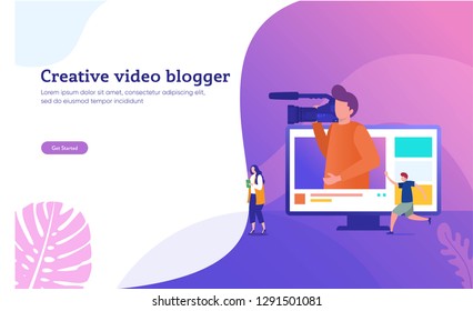 creative vlog content vector illustration concept, people recording content video for their channel, video marketing, can use for, landing page, template, ui, web, mobile app, poster, banner, flyer